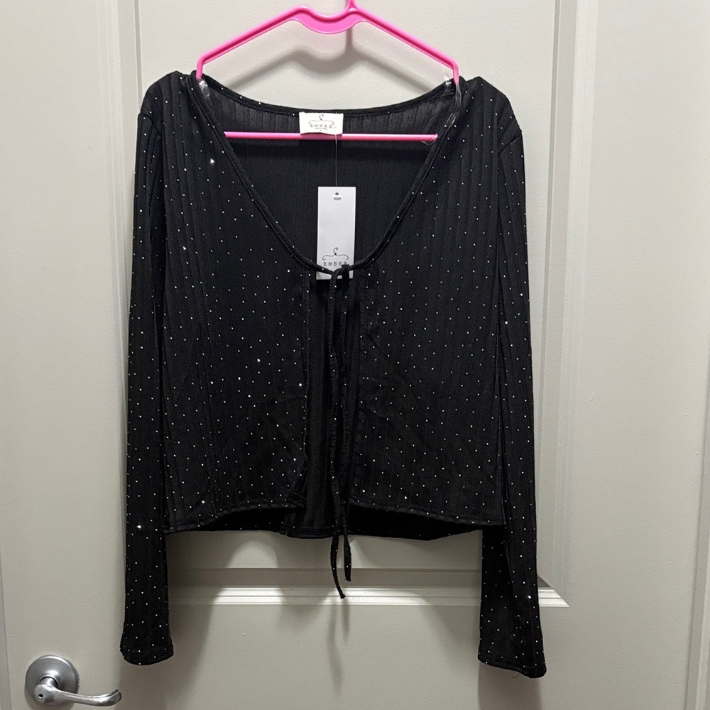 Stylish Black Long Sleeve Top with Tie Detail